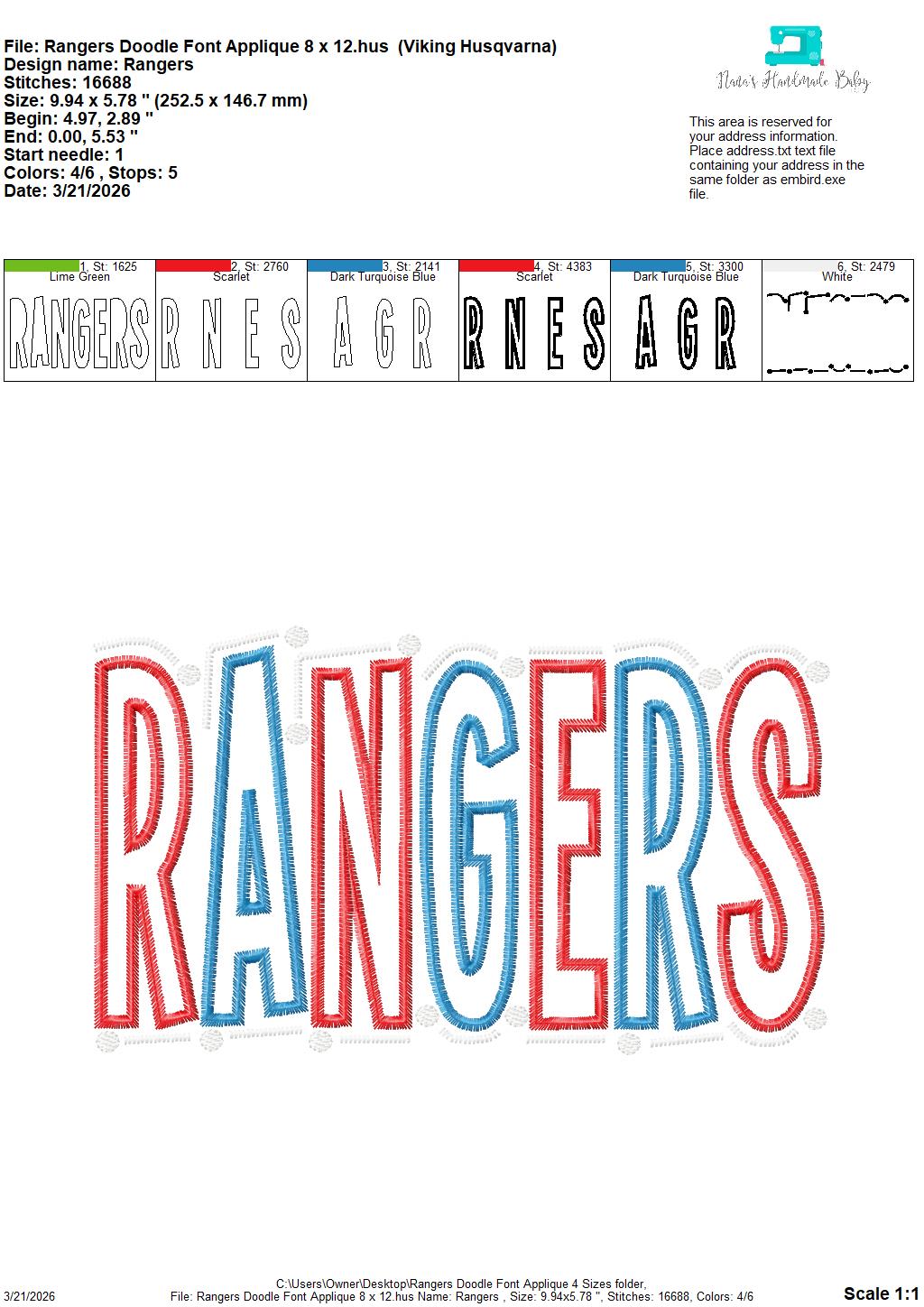 Rangers Doodle Font Applique – 4 x 4, 5 x 7, 6 x 10 and 8 x 12 – DIGITAL Embroidery Design