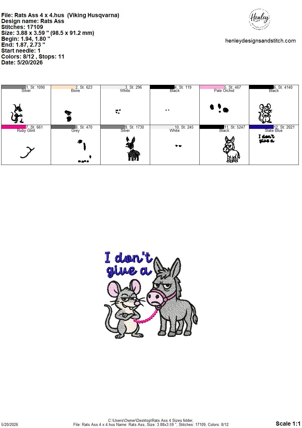 Sketch I Don’t Give A Rats A$$ Donkey – 4 x 4, 5 x 7, 6 x 10 and 8 x 12 – DIGITAL Embroidery Design