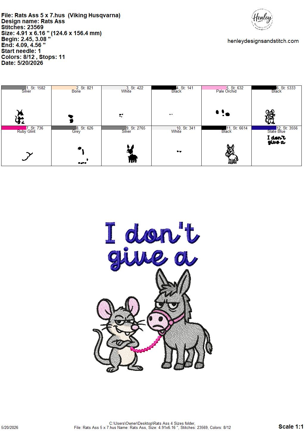Sketch I Don’t Give A Rats A$$ Donkey – 4 x 4, 5 x 7, 6 x 10 and 8 x 12 – DIGITAL Embroidery Design