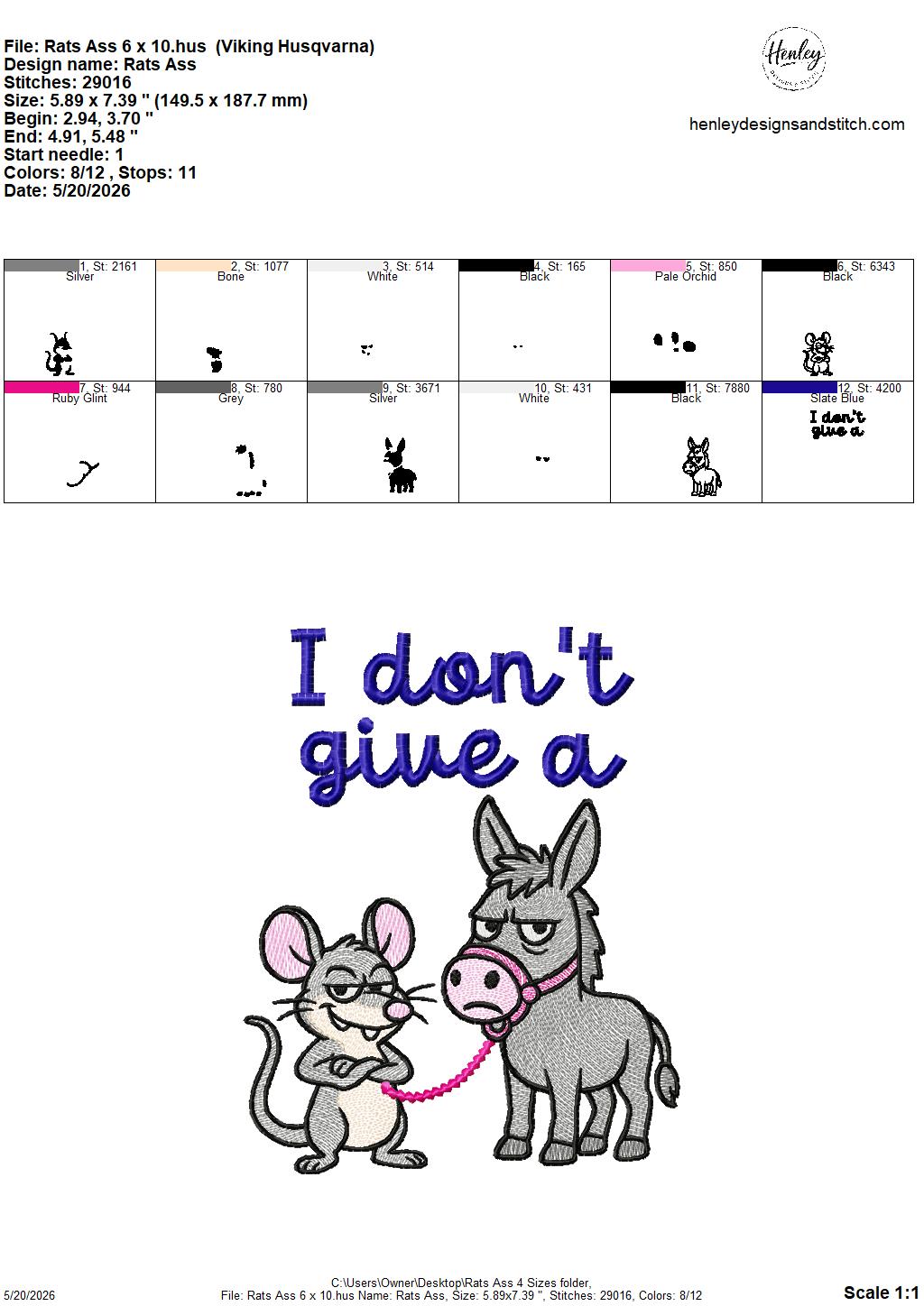 Sketch I Don’t Give A Rats A$$ Donkey – 4 x 4, 5 x 7, 6 x 10 and 8 x 12 – DIGITAL Embroidery Design