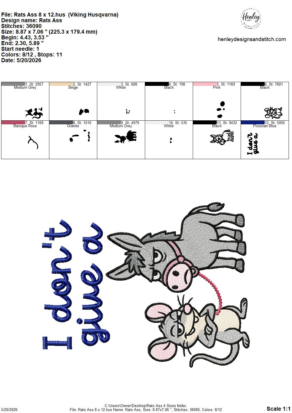 Sketch I Don’t Give A Rats A$$ Donkey – 4 x 4, 5 x 7, 6 x 10 and 8 x 12 – DIGITAL Embroidery Design