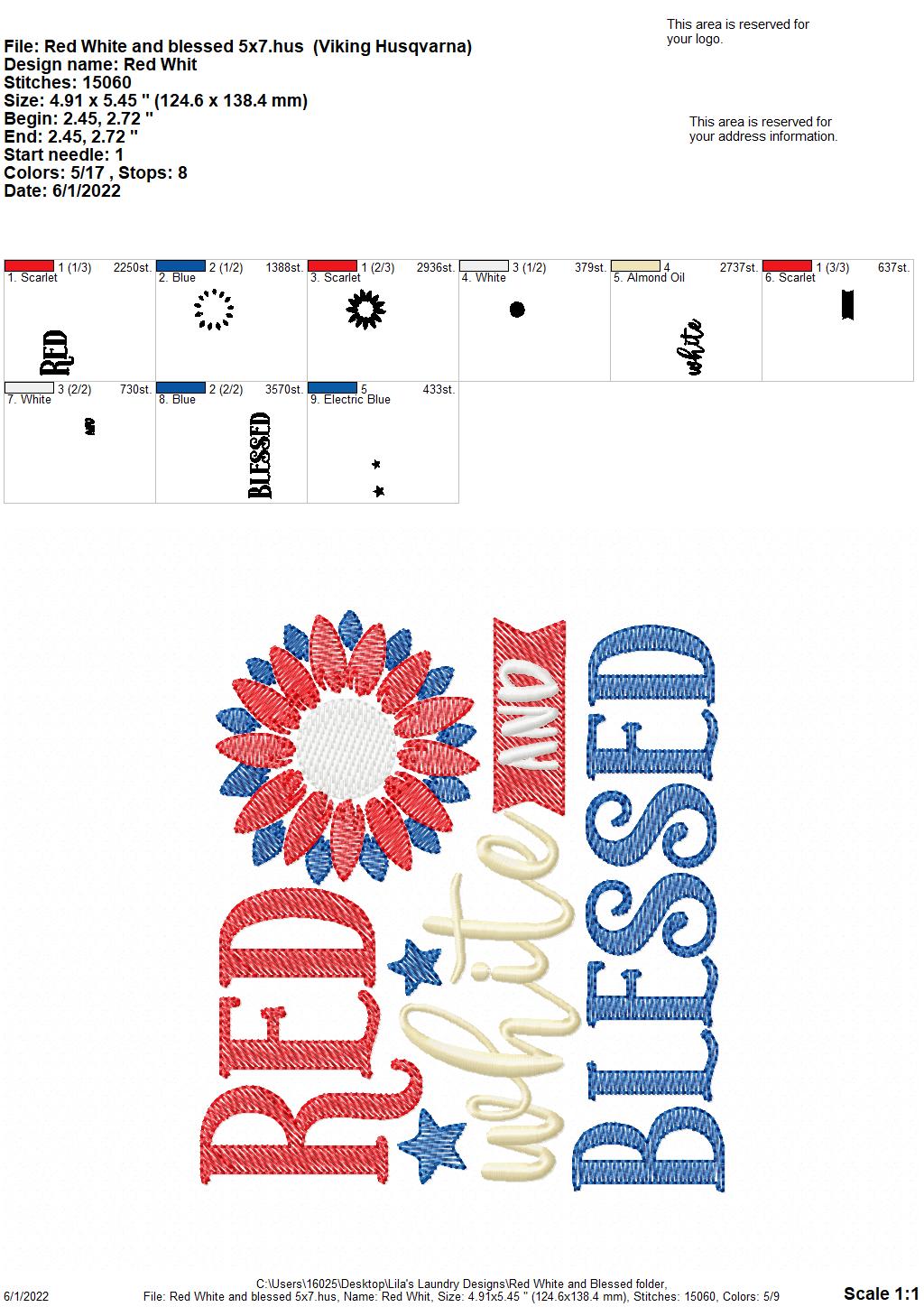 Red White and Blessed - 3 sizes- Digital Embroidery Design