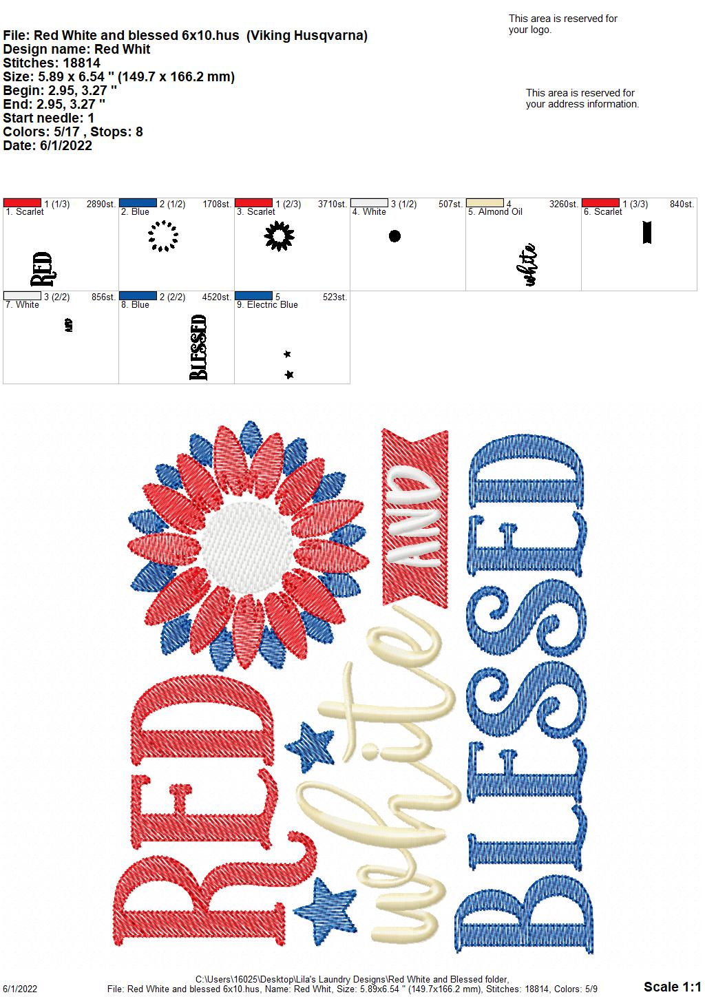 Red White and Blessed - 3 sizes- Digital Embroidery Design
