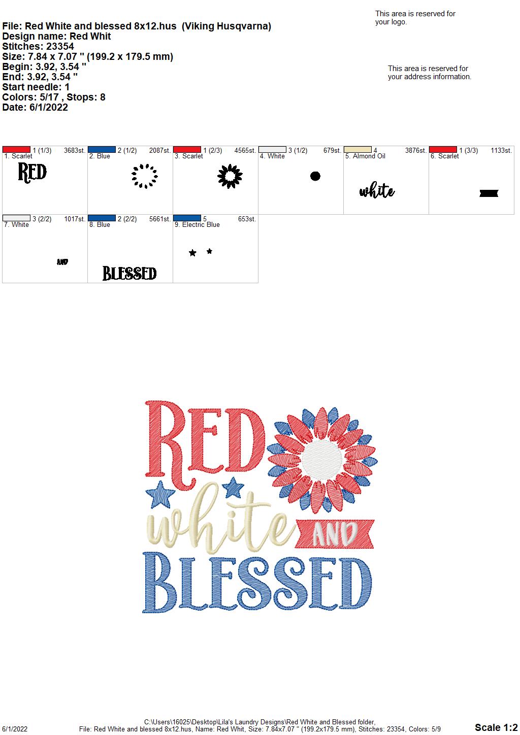 Red White and Blessed - 3 sizes- Digital Embroidery Design