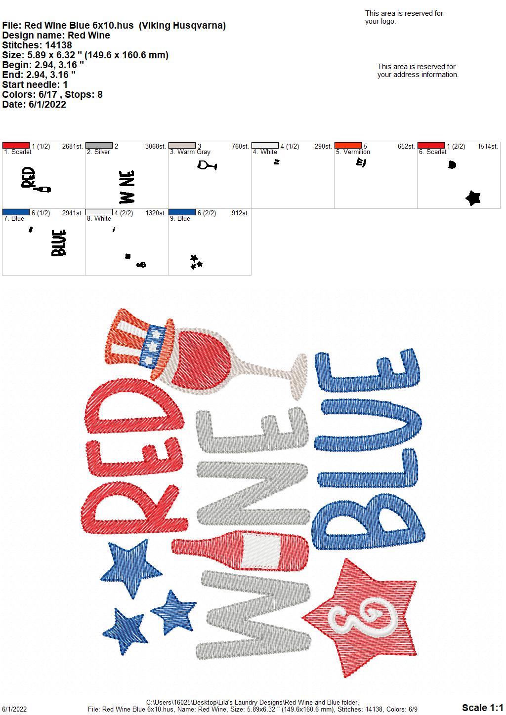 Red Wine and Blue - 3 sizes- Digital Embroidery Design