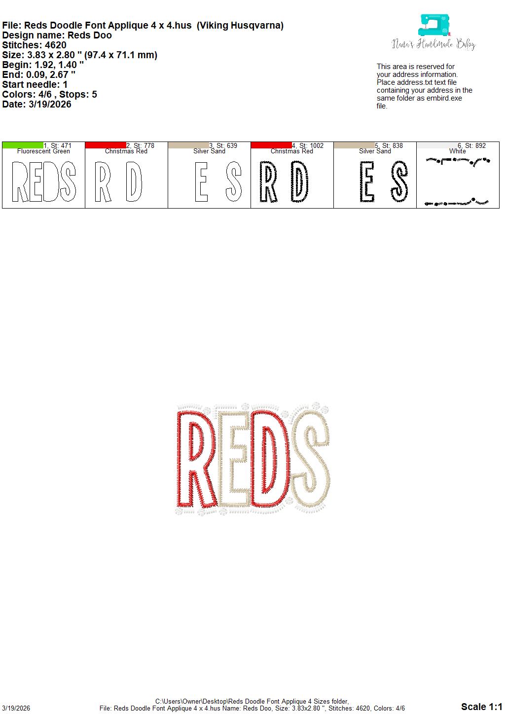 Reds Doodle Font Applique – 4 x 4, 5 x 7, 6 x 10 and 8 x 12 – DIGITAL Embroidery Design