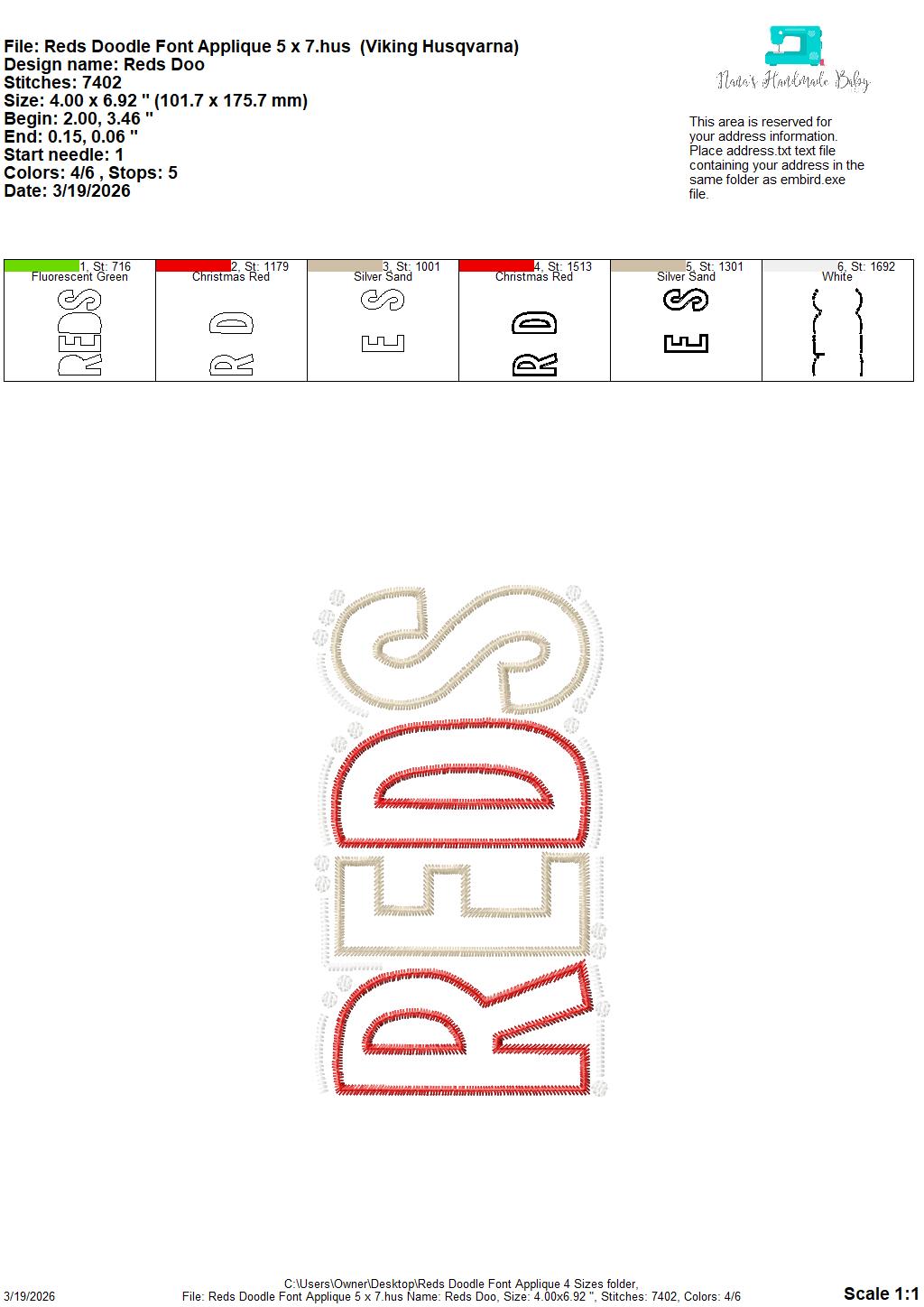 Reds Doodle Font Applique – 4 x 4, 5 x 7, 6 x 10 and 8 x 12 – DIGITAL Embroidery Design