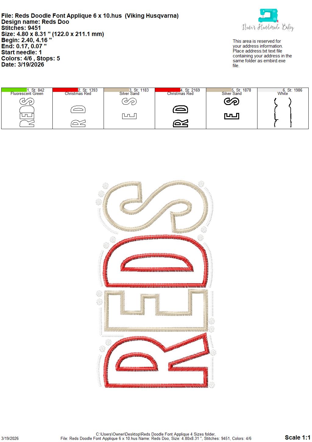 Reds Doodle Font Applique – 4 x 4, 5 x 7, 6 x 10 and 8 x 12 – DIGITAL Embroidery Design