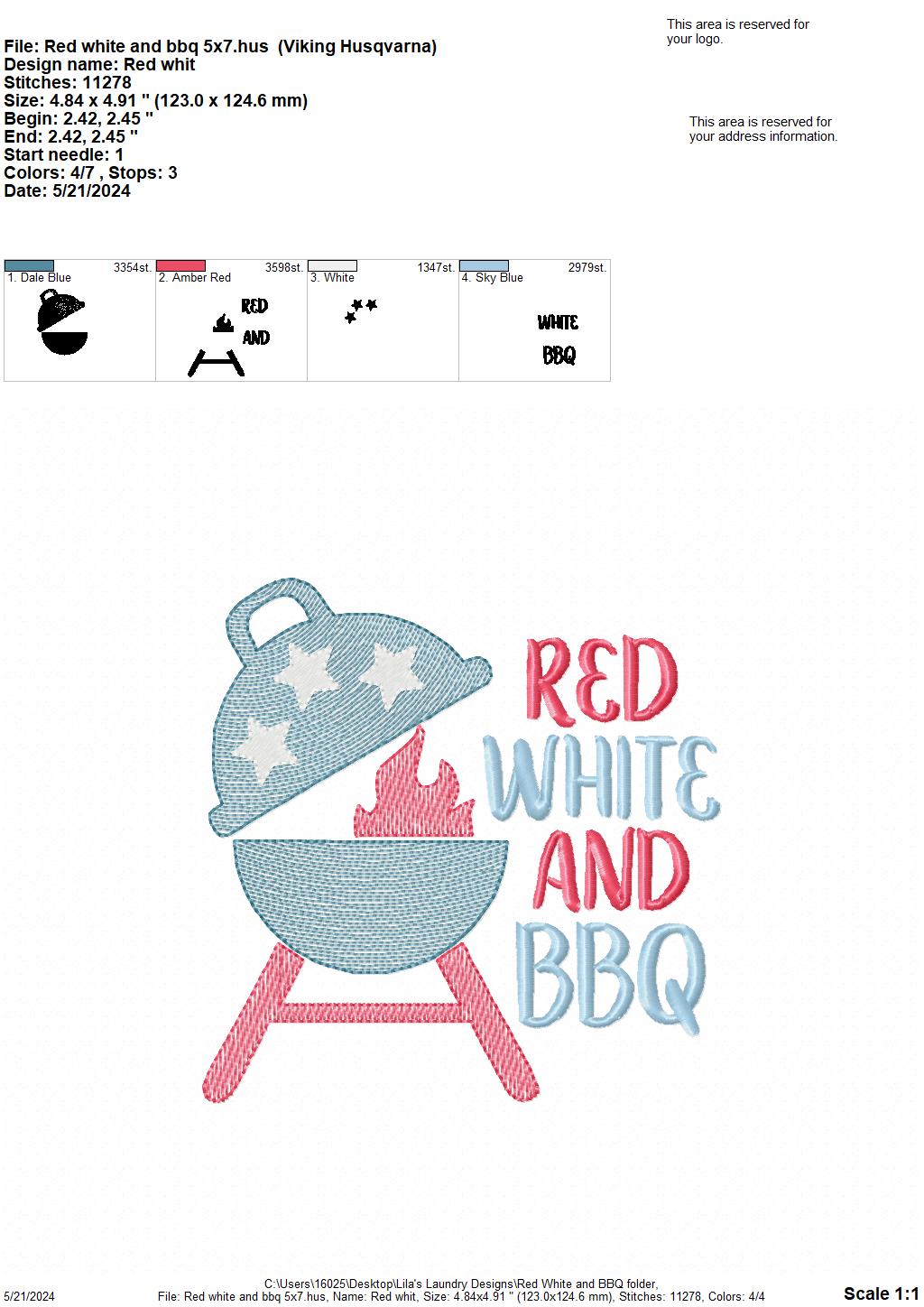 Red White & BBQ - 3 Sizes - Digital Embroidery Design