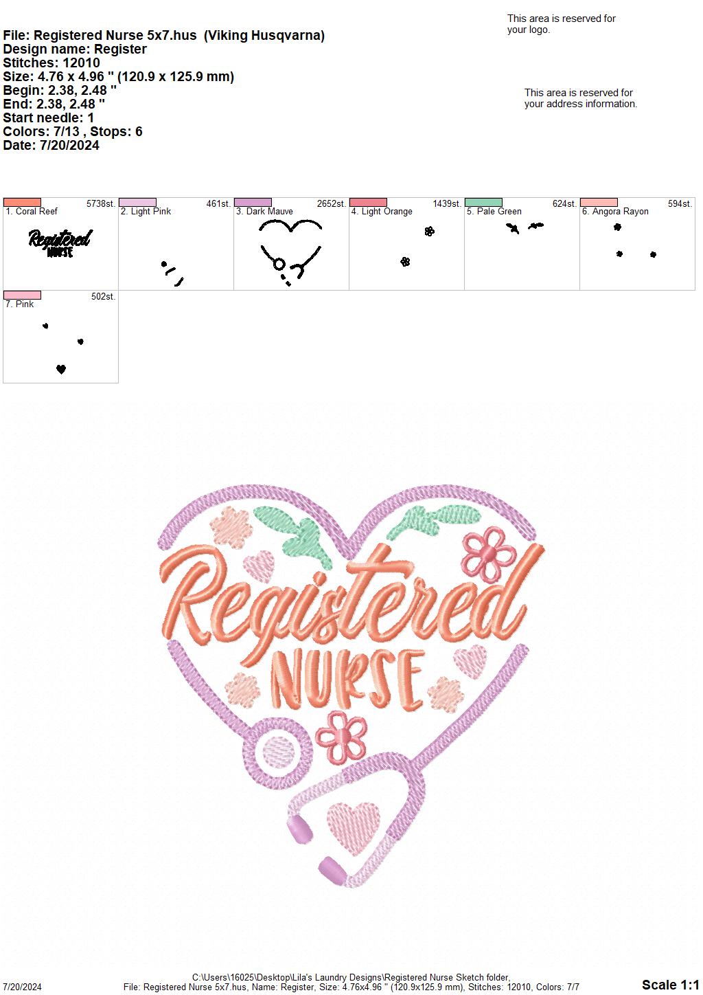 Registered Nurse Sketch - 3 Sizes - Digital Embroidery Design