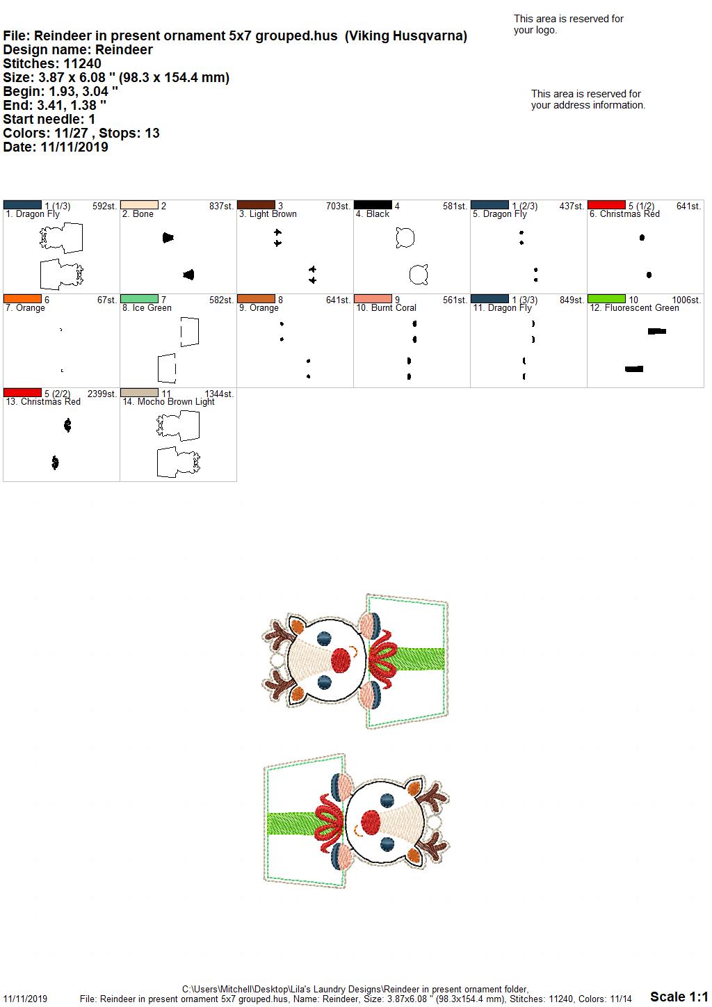Reindeer in Present Ornament - Digital Embroidery Design