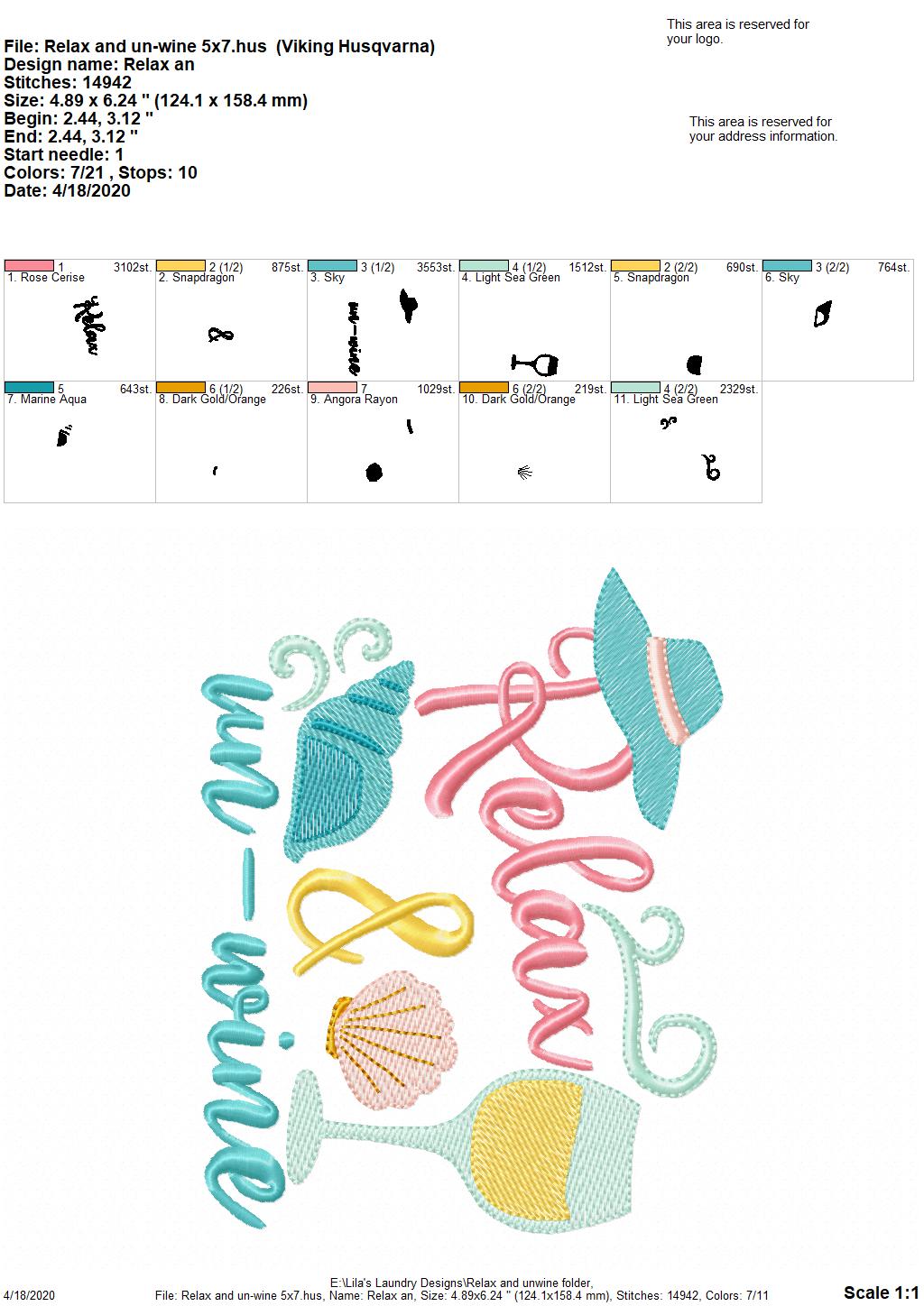 Relax and un-wine - 3 Sizes - Digital Embroidery Design