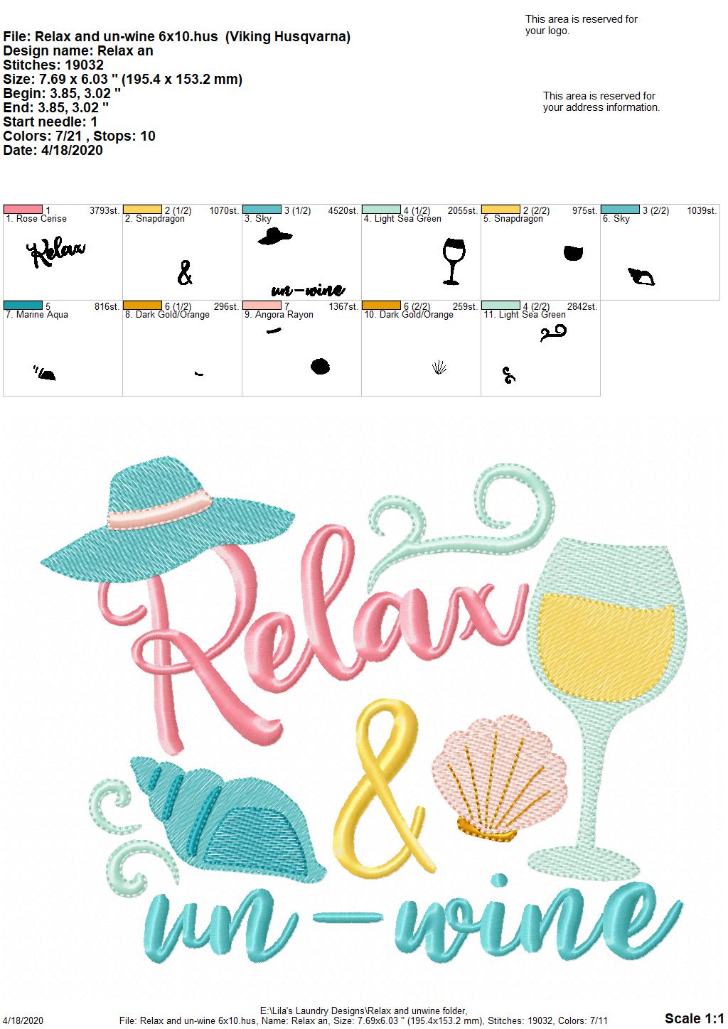 Relax and un-wine - 3 Sizes - Digital Embroidery Design
