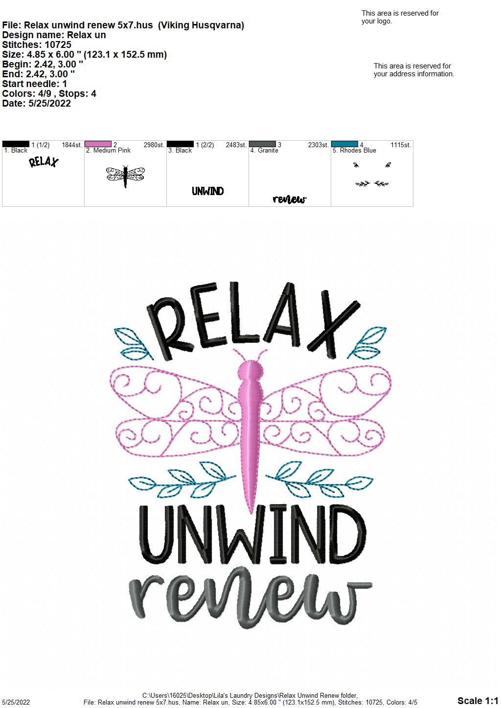 Relax Unwind Renew - 4 sizes- Digital Embroidery Design