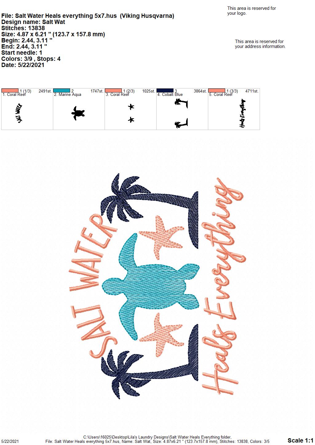 Salt Water Heals Everything - 3 sizes- Digital Embroidery Design