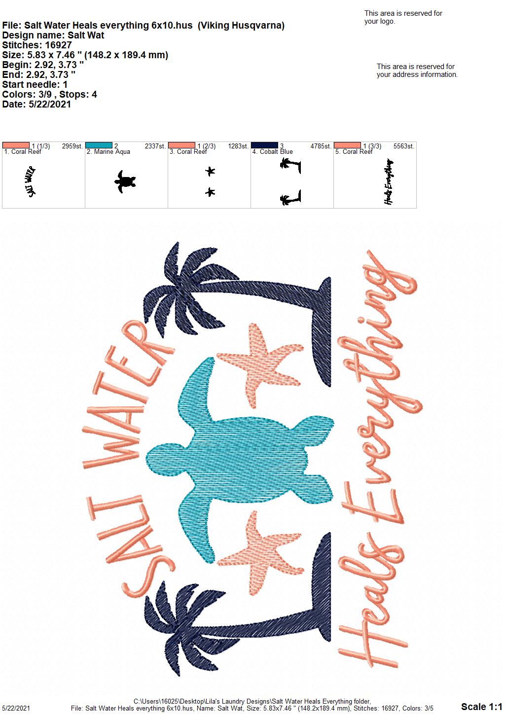 Salt Water Heals Everything - 3 sizes- Digital Embroidery Design