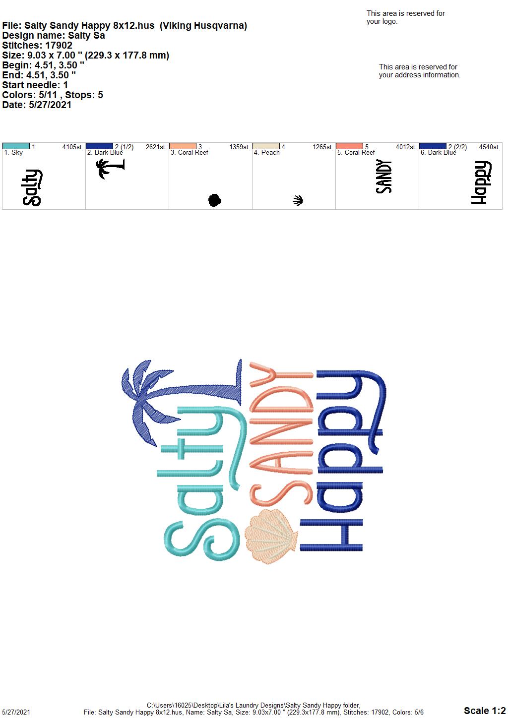 Salty Sandy Happy - 3 sizes- Digital Embroidery Design