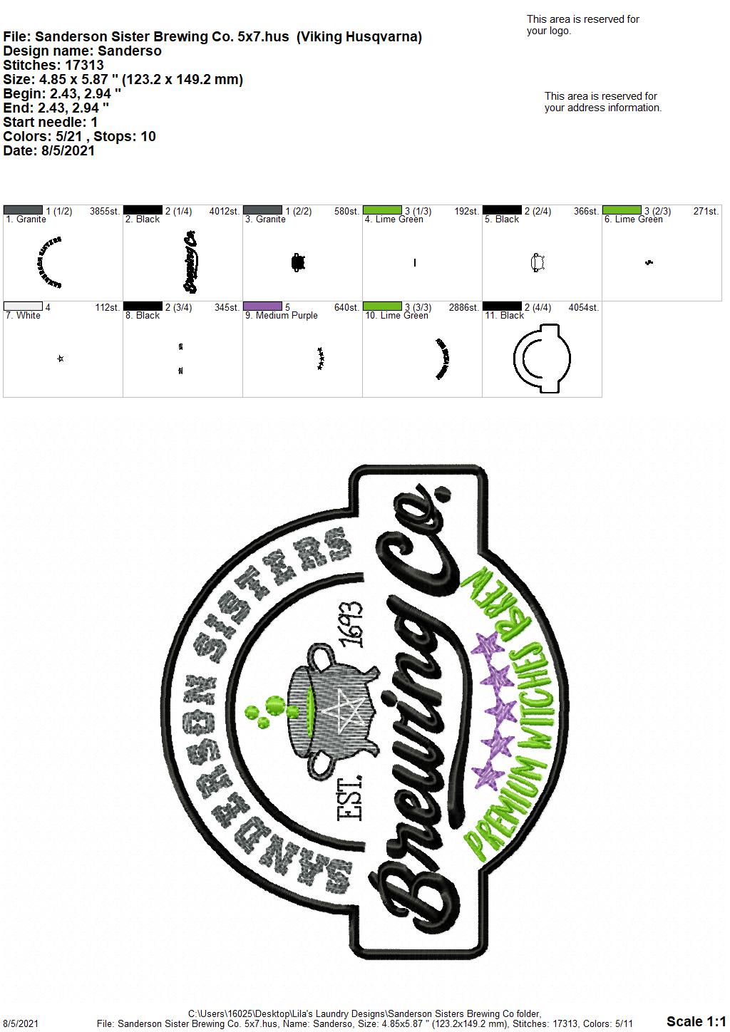 Sanderson Sisters Brewing Co. - 3 sizes- Digital Embroidery Design