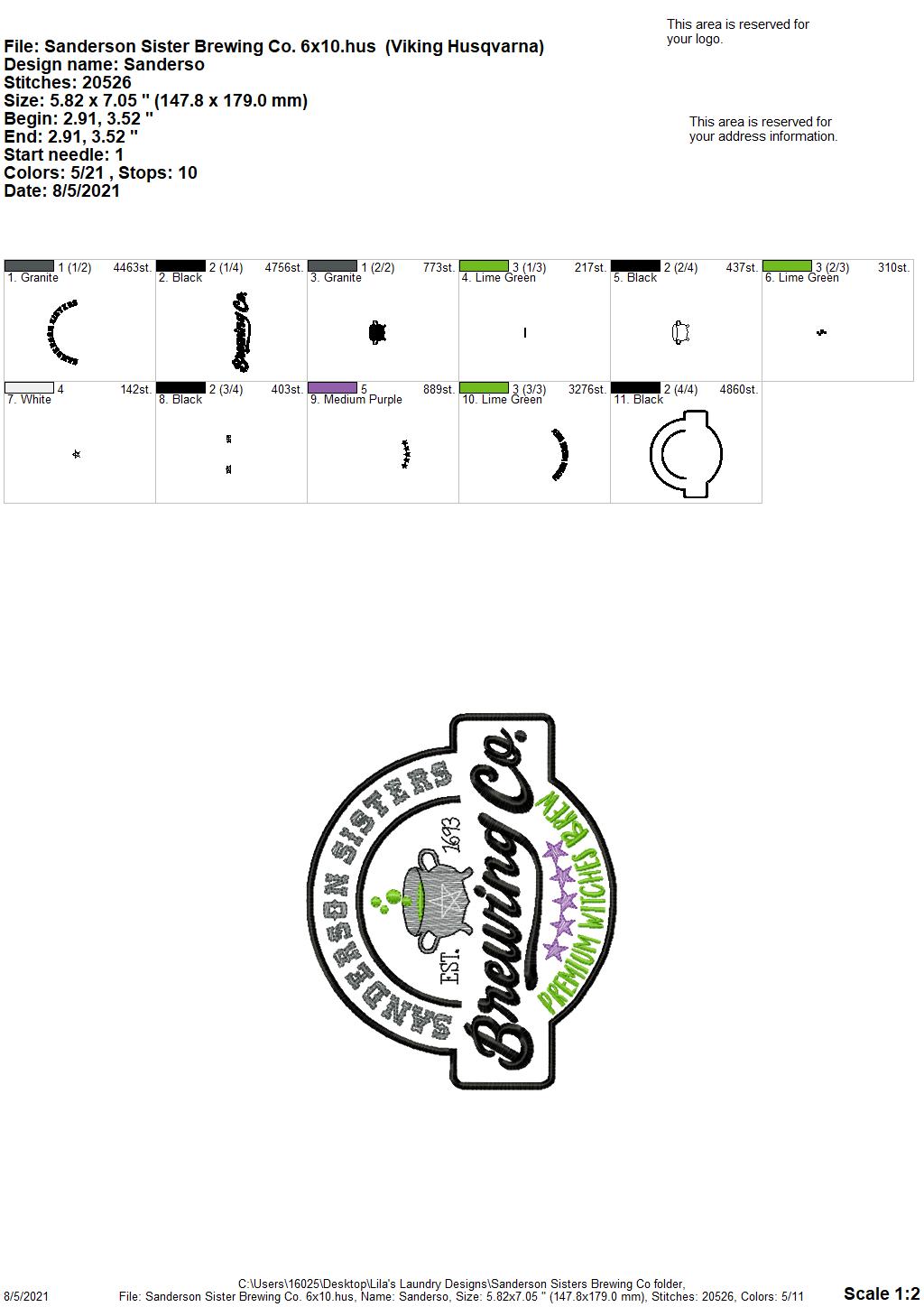 Sanderson Sisters Brewing Co. - 3 sizes- Digital Embroidery Design