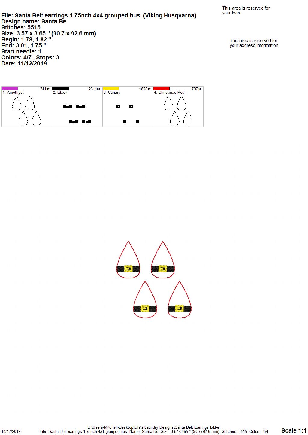 Santa Belt Earrings - 3 sizes - 4x4 and 5x7 Grouped- Digital Embroidery Design