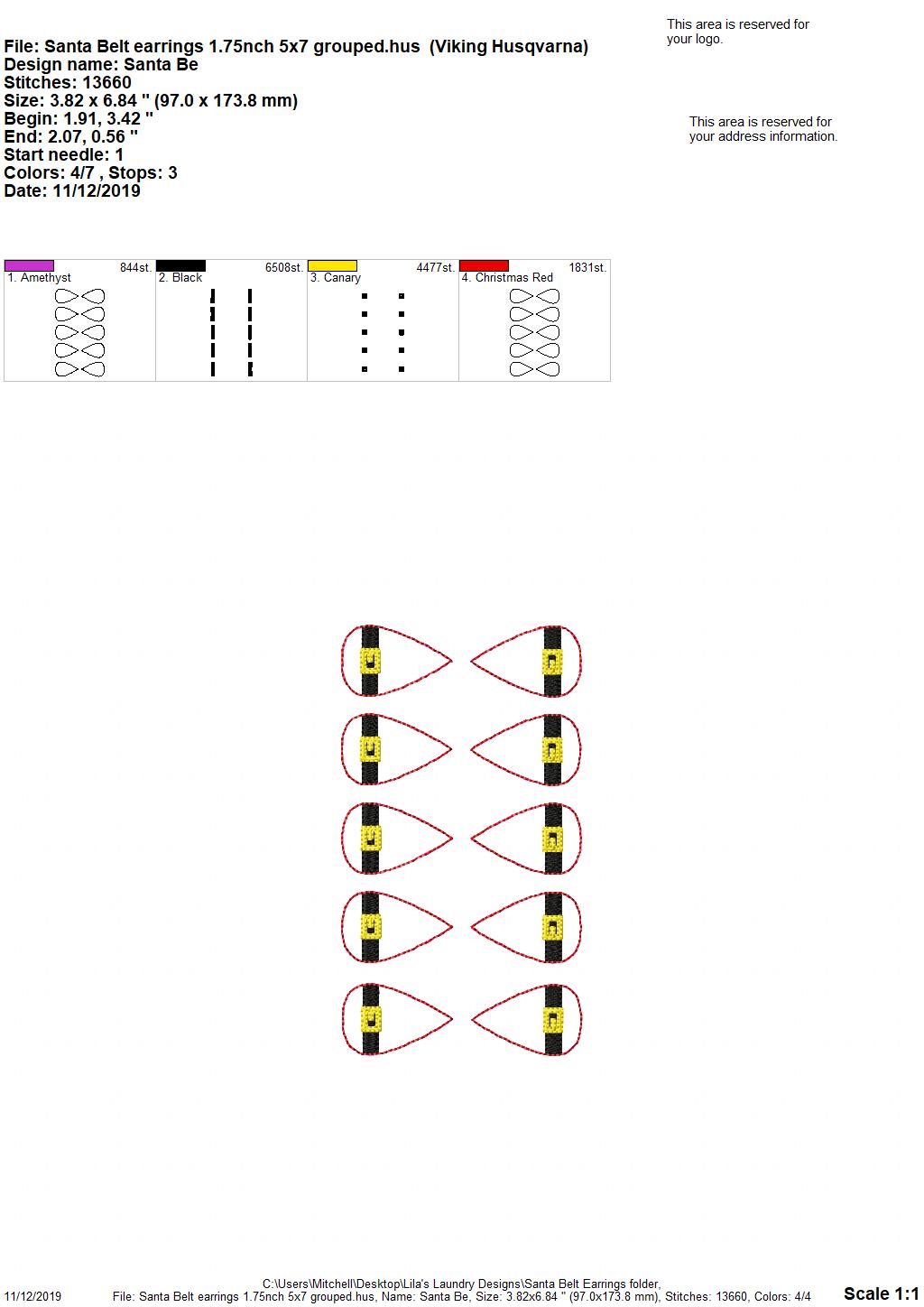 Santa Belt Earrings - 3 sizes - 4x4 and 5x7 Grouped- Digital Embroidery Design
