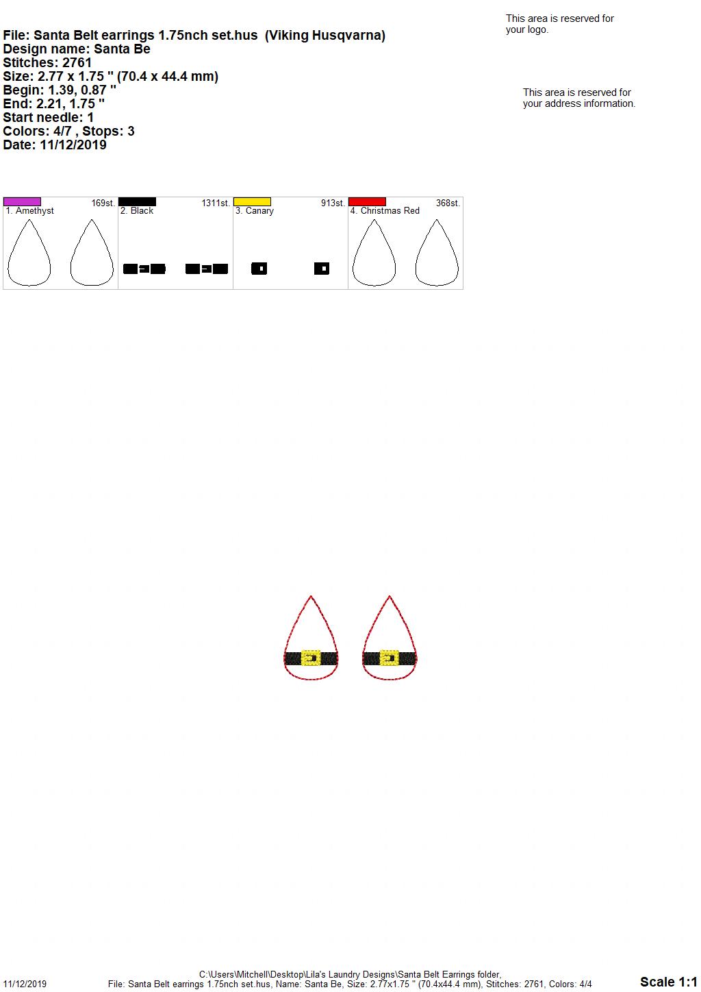 Santa Belt Earrings - 3 sizes - 4x4 and 5x7 Grouped- Digital Embroidery Design