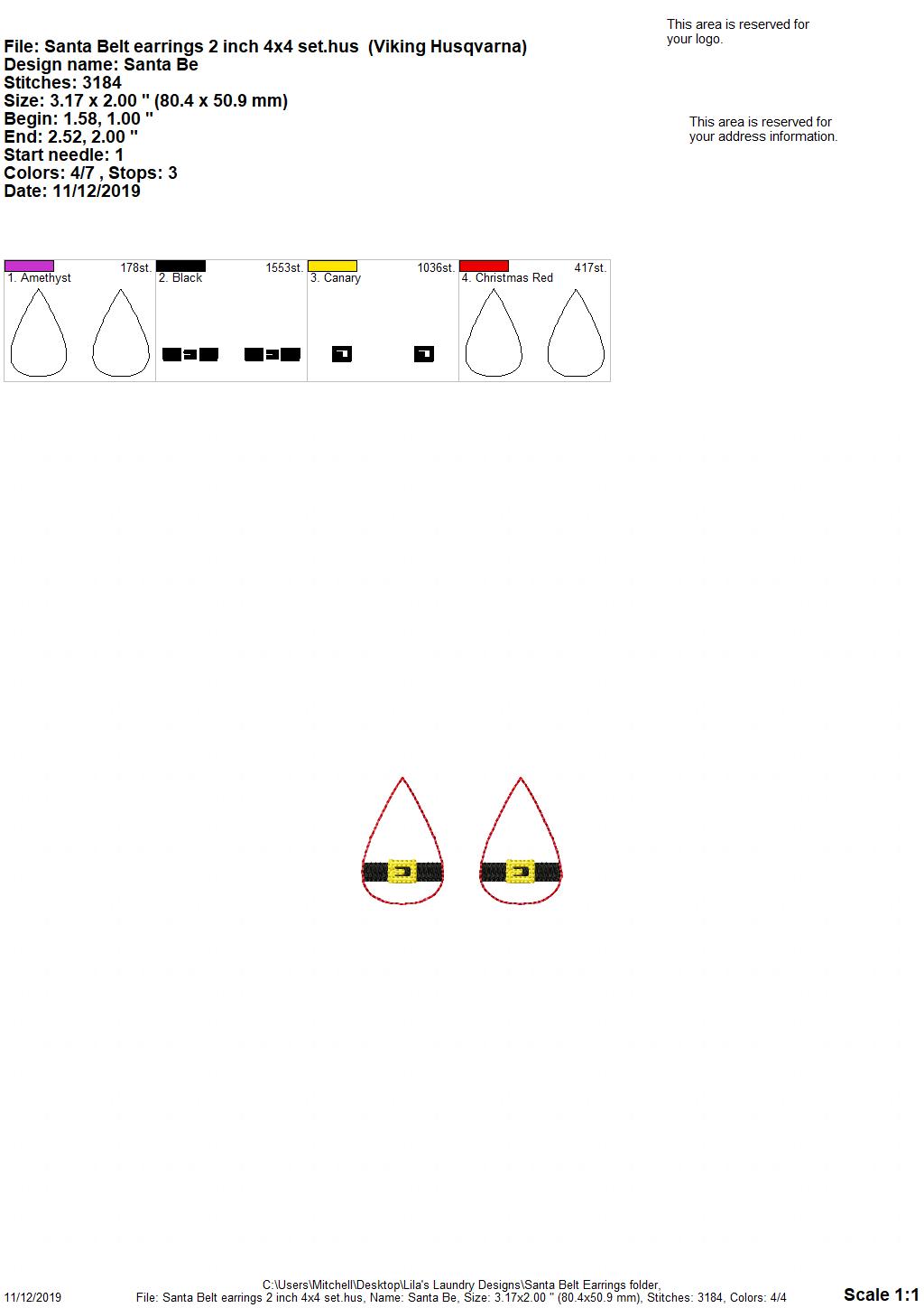 Santa Belt Earrings - 3 sizes - 4x4 and 5x7 Grouped- Digital Embroidery Design