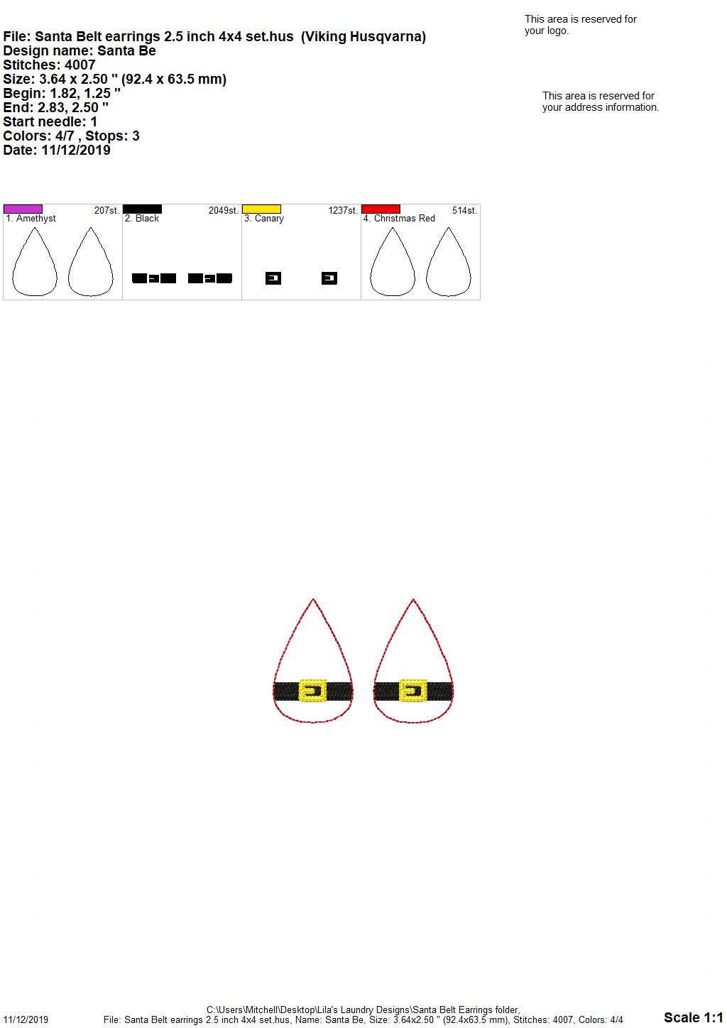 Santa Belt Earrings - 3 sizes - 4x4 and 5x7 Grouped- Digital Embroidery Design