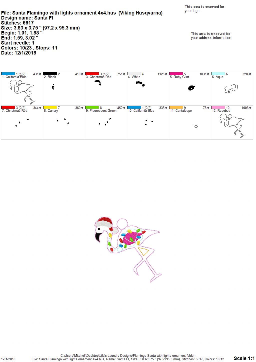 Flamingo Santa with lights Ornament - Embroidery Design - DIGITAL Embroidery DESIGN