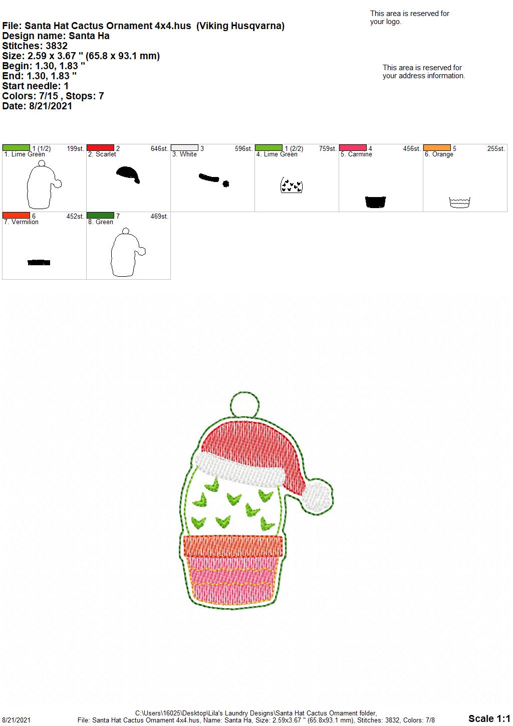 Santa Hat Cactus Ornament - Digital Embroidery Design