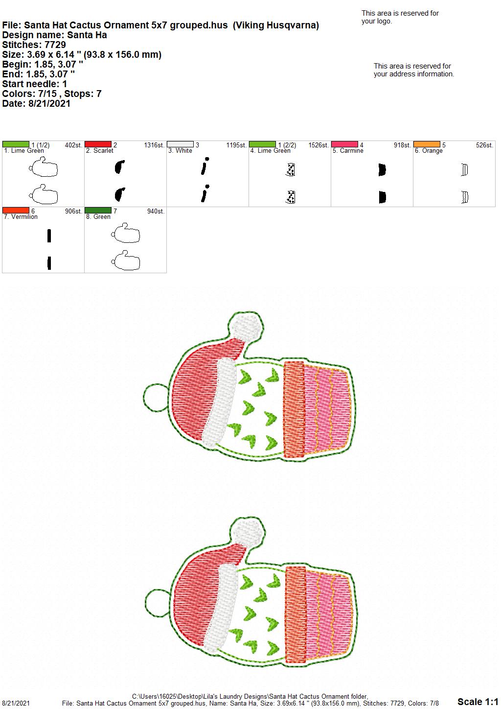 Santa Hat Cactus Ornament - Digital Embroidery Design