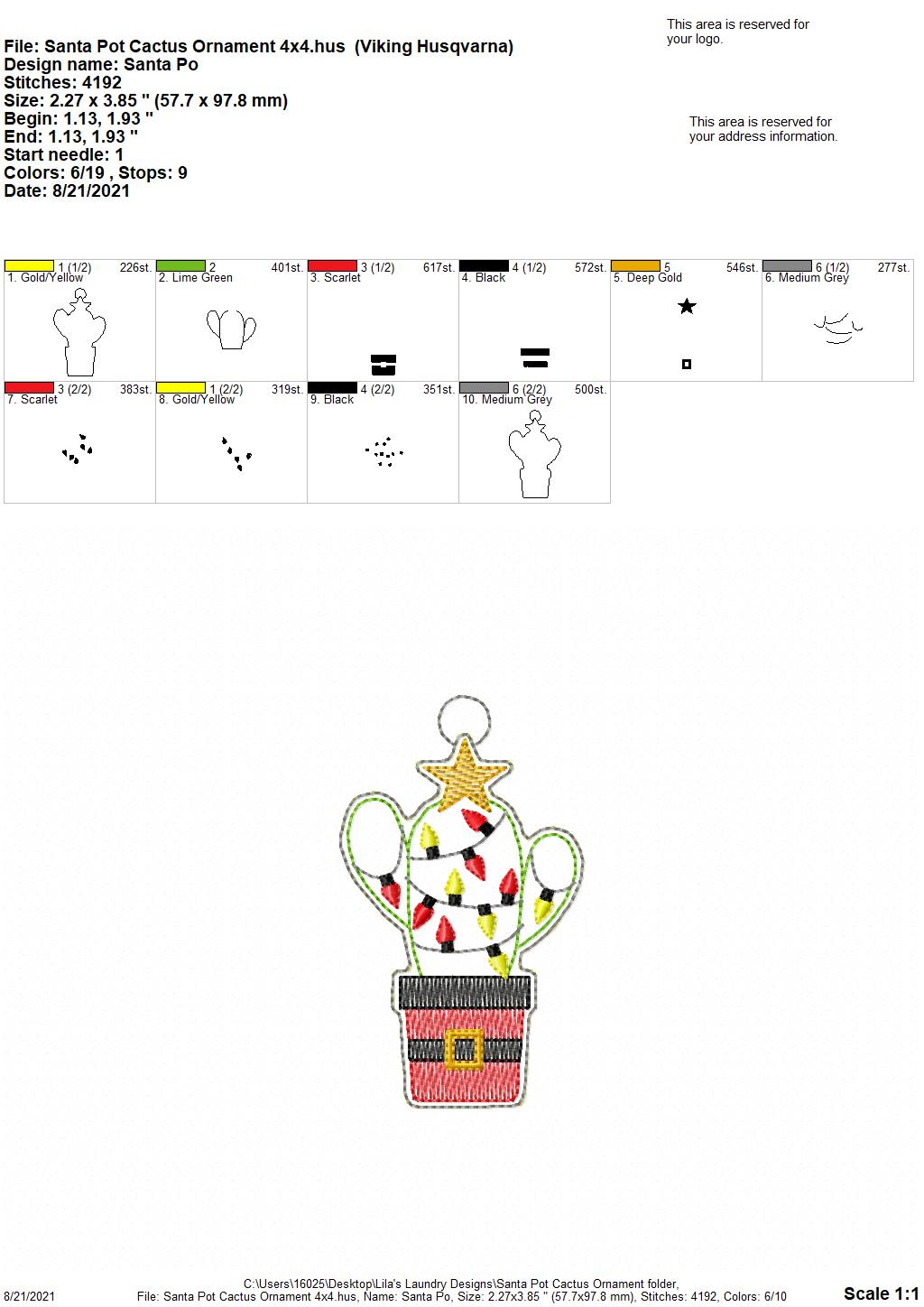 Santa Pot Cactus Ornament - Digital Embroidery Design