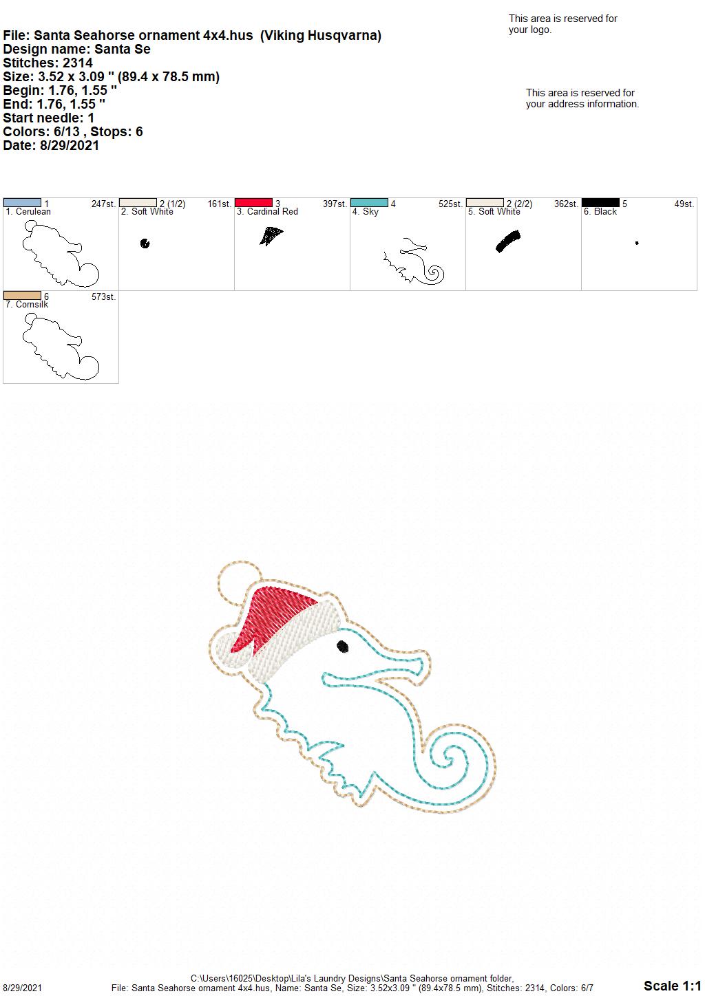 Santa Seahorse Ornament - Digital Embroidery Design
