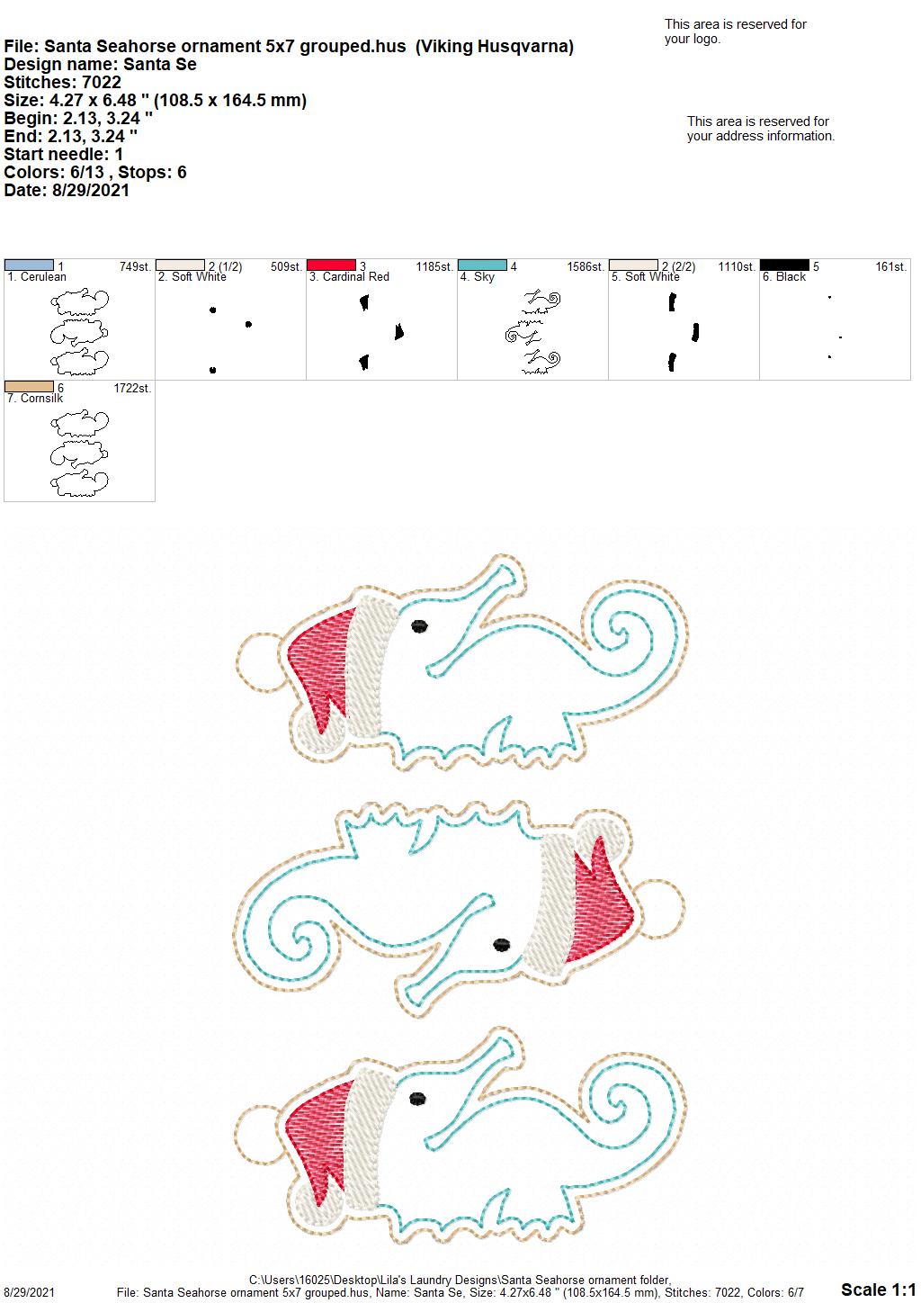 Santa Seahorse Ornament - Digital Embroidery Design