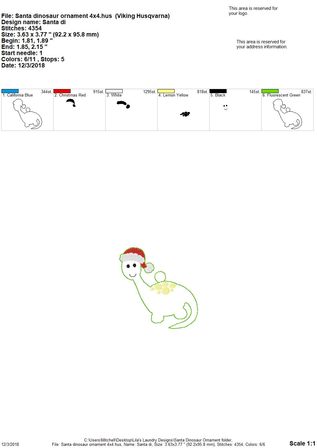 Santa Dinosaur Ornament - Embroidery Design - DIGITAL Embroidery DESIGN
