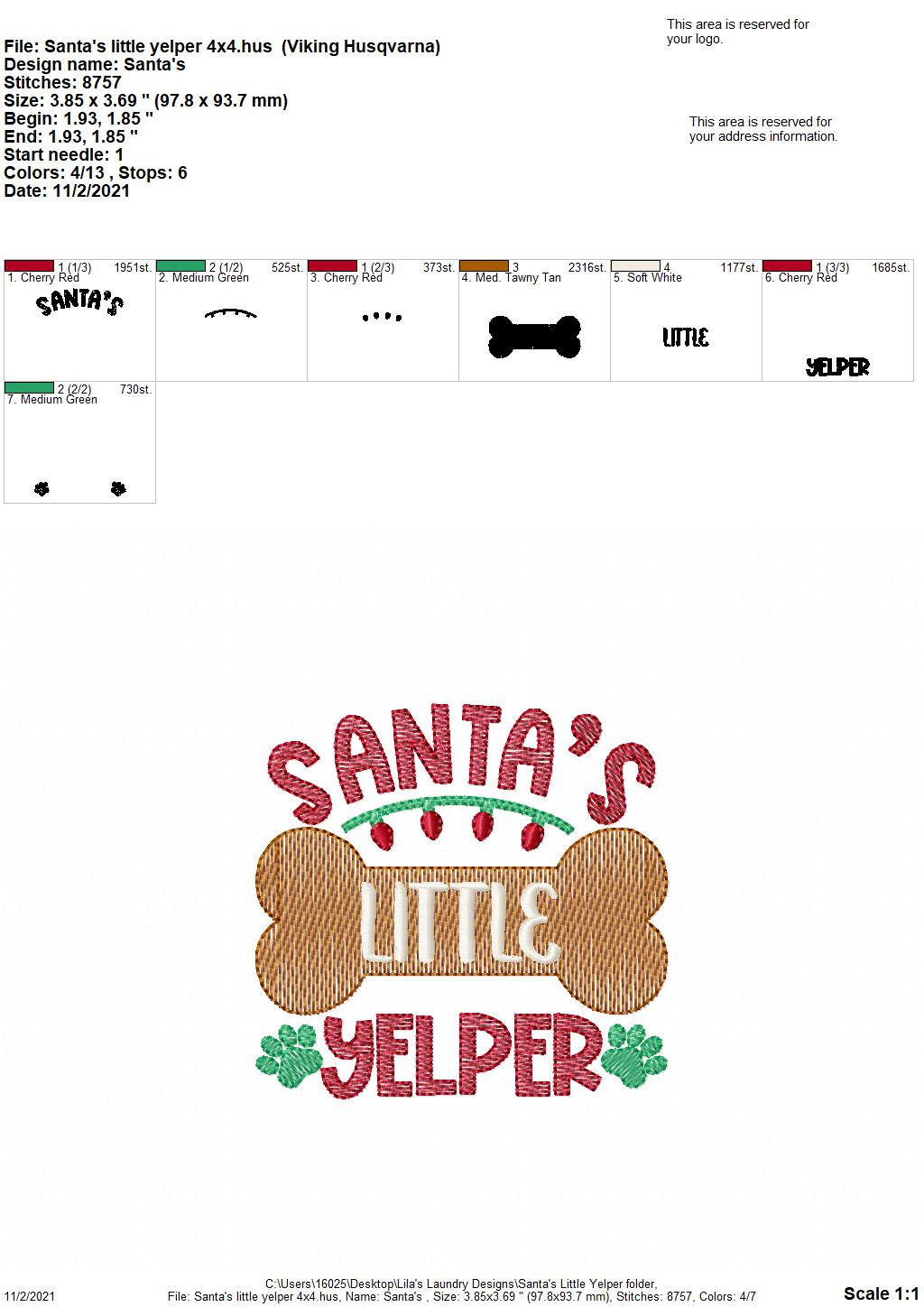 Santa's Little Yelper - 4 sizes- Digital Embroidery Design