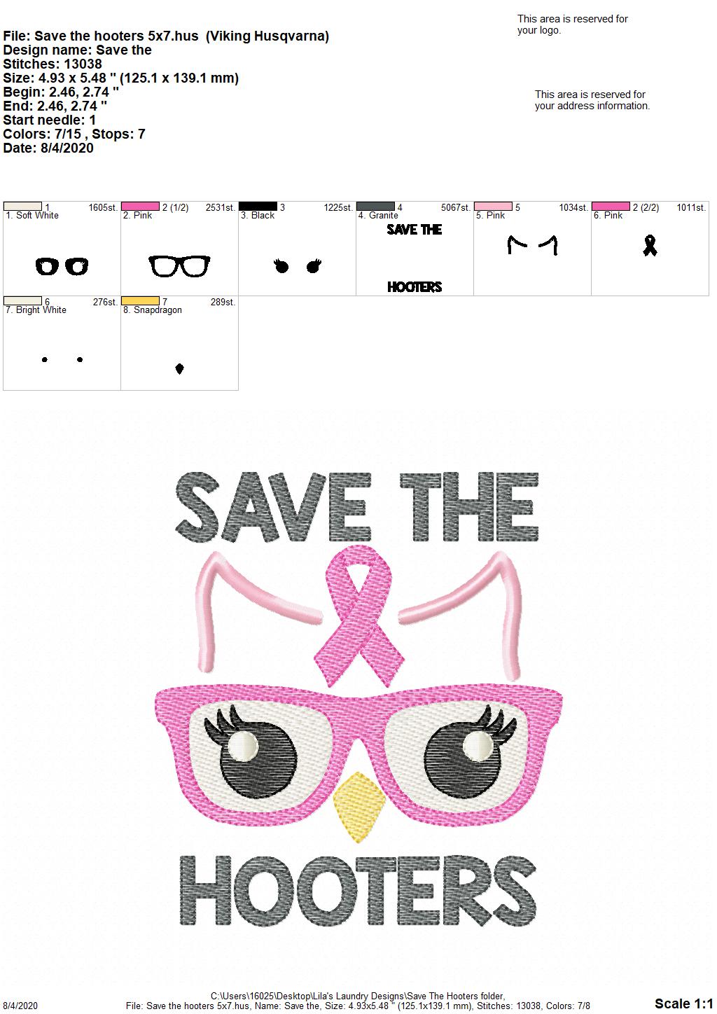 Save The Hooters - 2 Sizes - Digital Embroidery Design