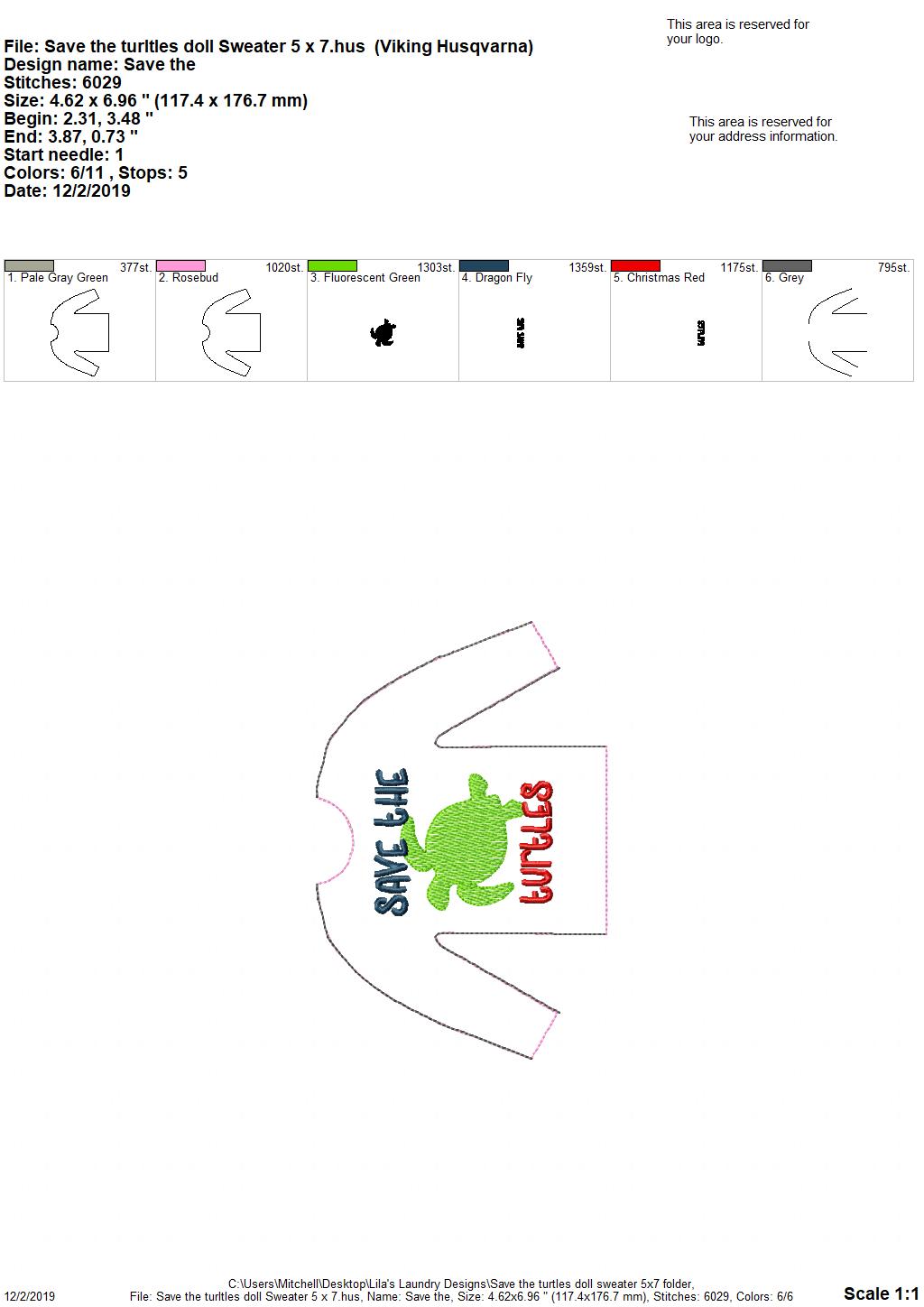 Save the turtles Doll Sweater 5x7 - Digital Embroidery Design