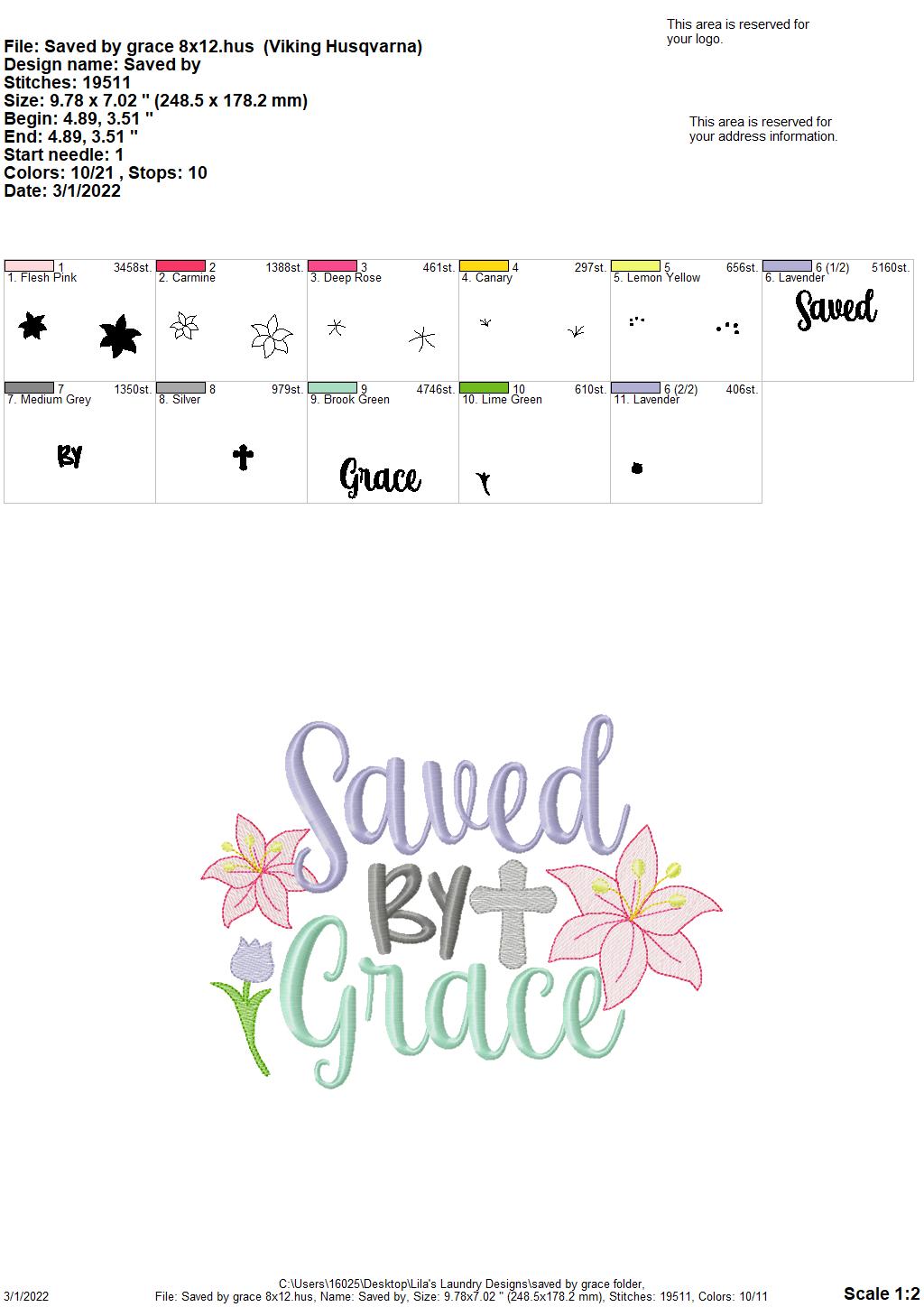 Saved By Grace - 3 sizes- Digital Embroidery Design
