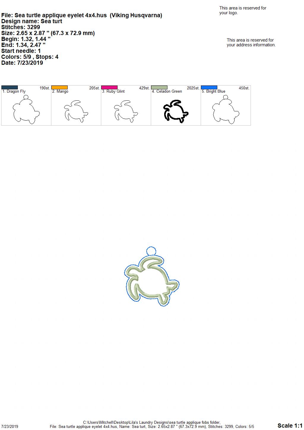 Sea Turtle Applique Fobs - DIGITAL Embroidery DESIGN