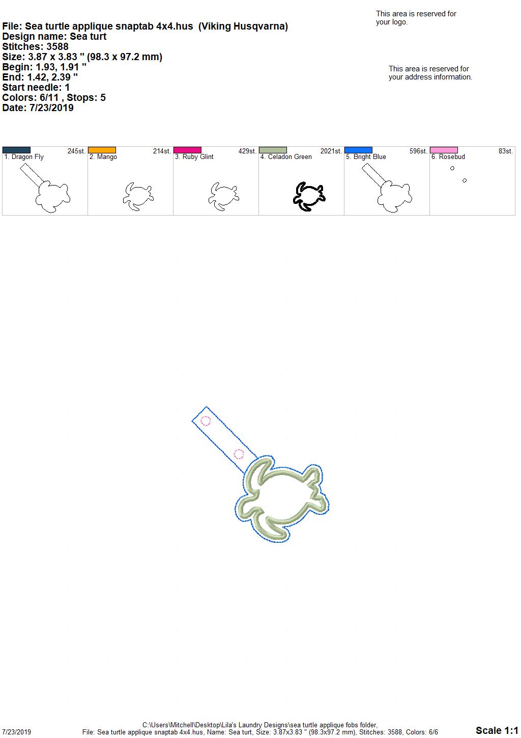 Sea Turtle Applique Fobs - DIGITAL Embroidery DESIGN