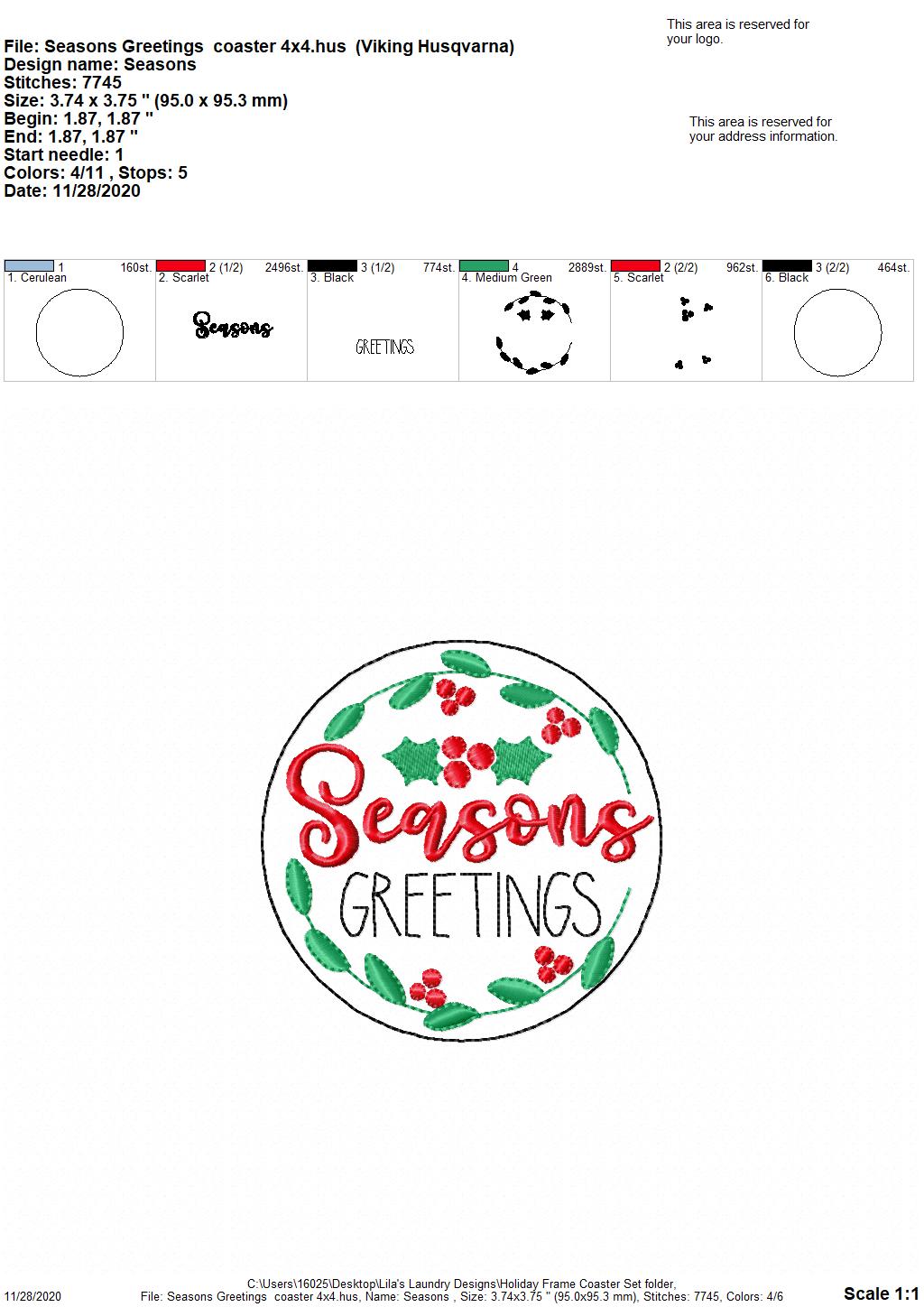 Holiday Frame Coaster Set 4x4 - DIGITAL Embroidery DESIGN