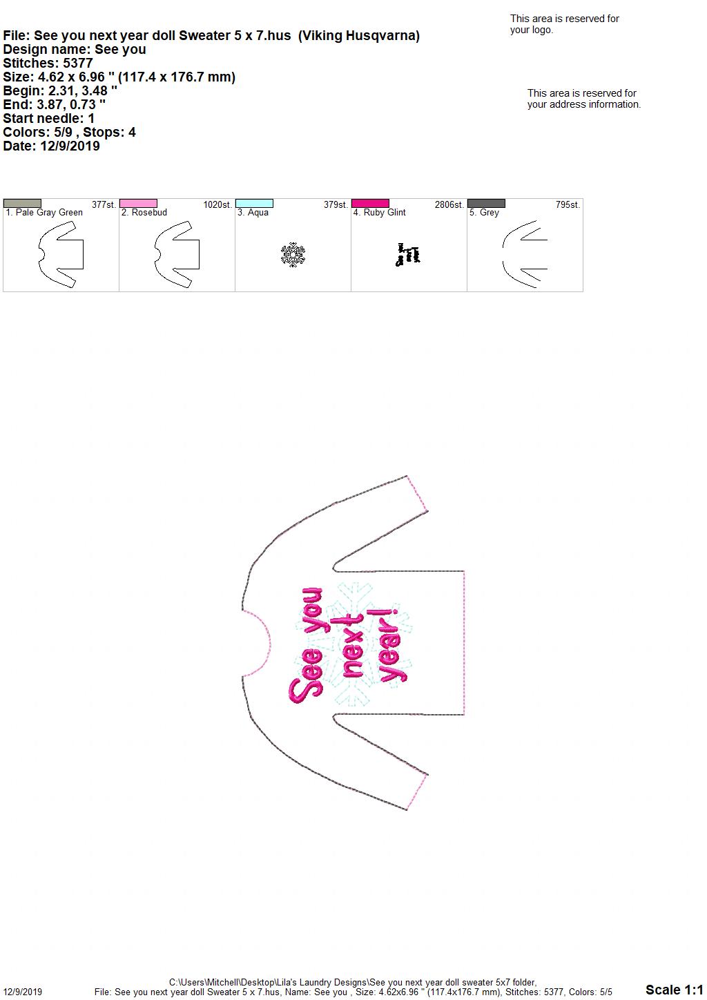 See You Next Year Doll Sweater 5x7 - Digital Embroidery Design