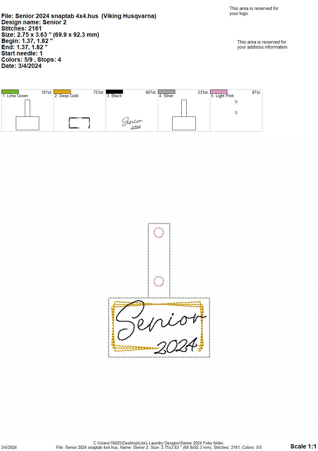 Senior 2024 Fobs - Digital Embroidery Design