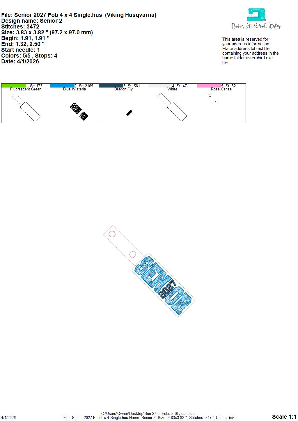 Senior 2027 Key Fobs - 3 Styles INCLUDED - Digital Embroidery Design
