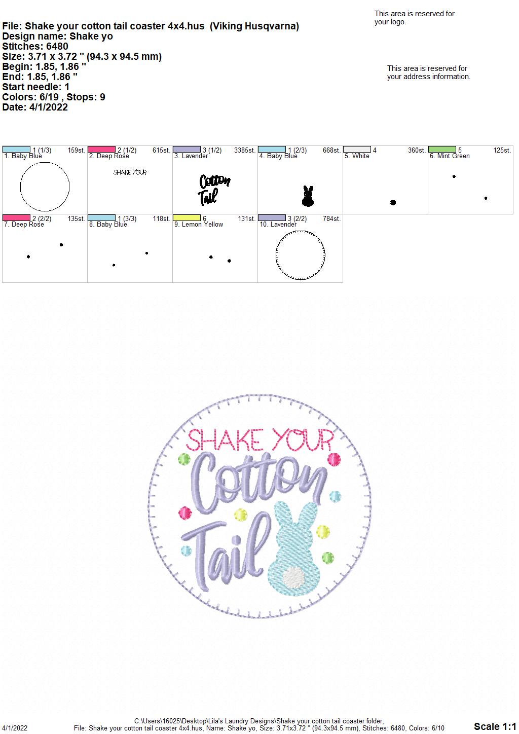 Shake Your Cotton Tail Coaster 4x4 - DIGITAL Embroidery DESIGN