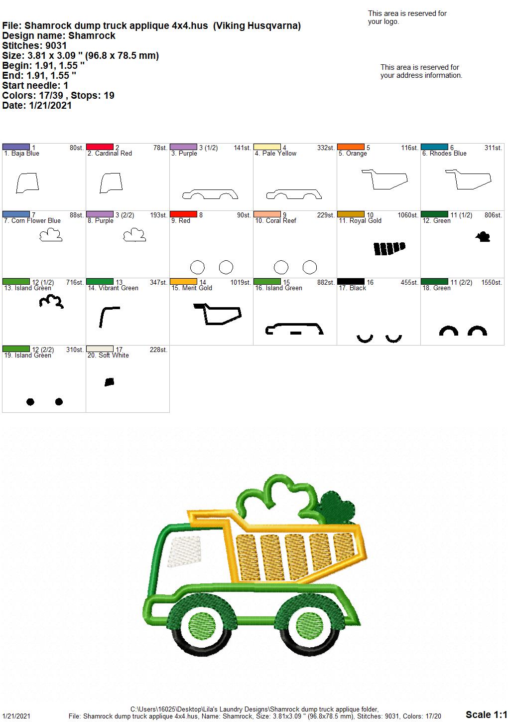 Shamrock Dump Truck Applique - 3 sizes- Digital Embroidery Design