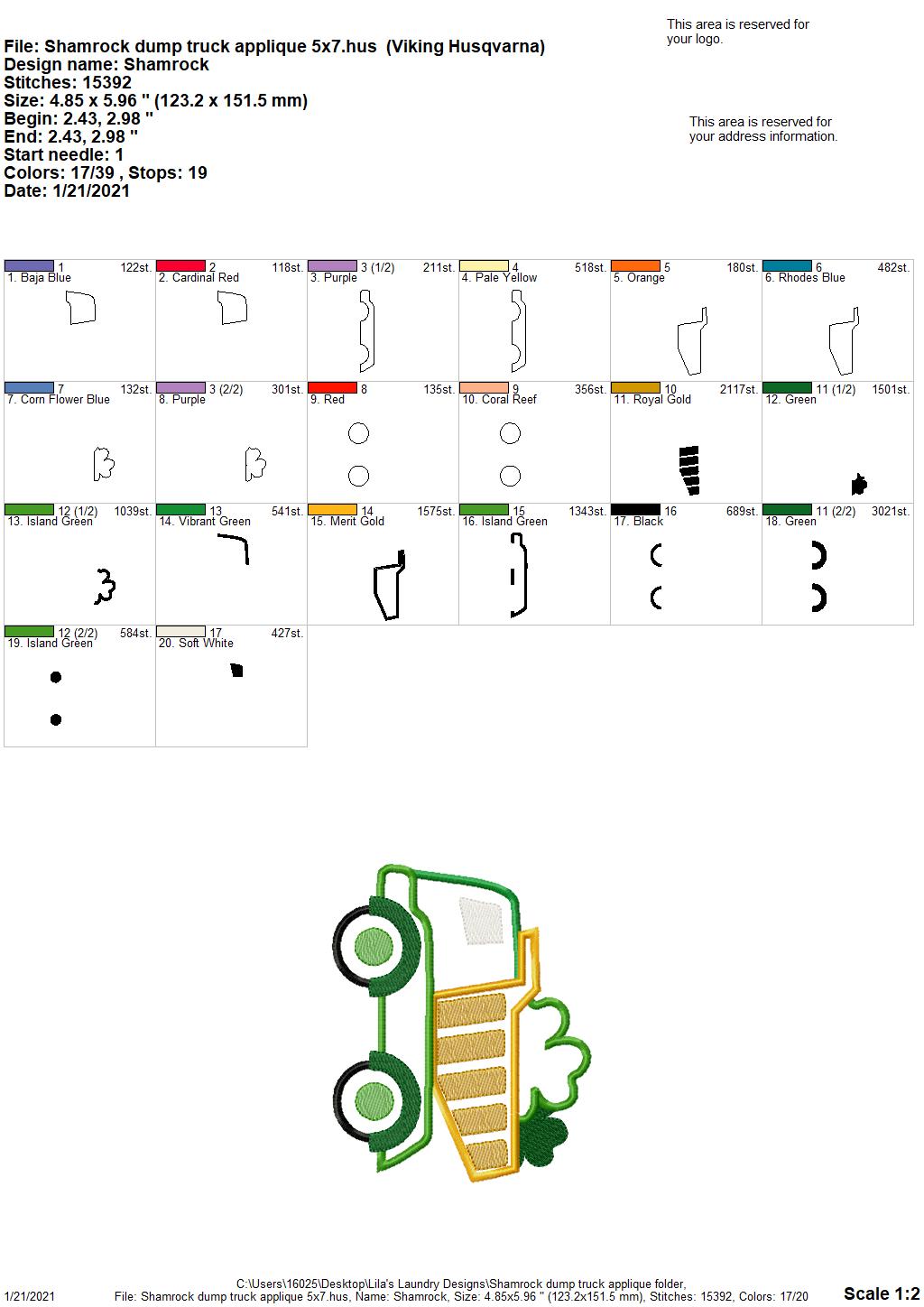 Shamrock Dump Truck Applique - 3 sizes- Digital Embroidery Design