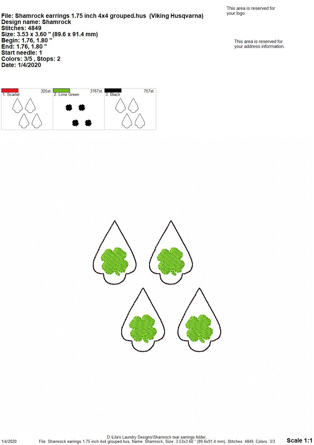 Shamrock Tear Drop Earrings - 3 sizes - Digital Embroidery Design