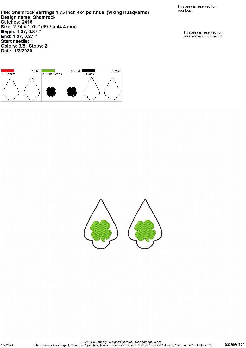 Shamrock Tear Drop Earrings - 3 sizes - Digital Embroidery Design